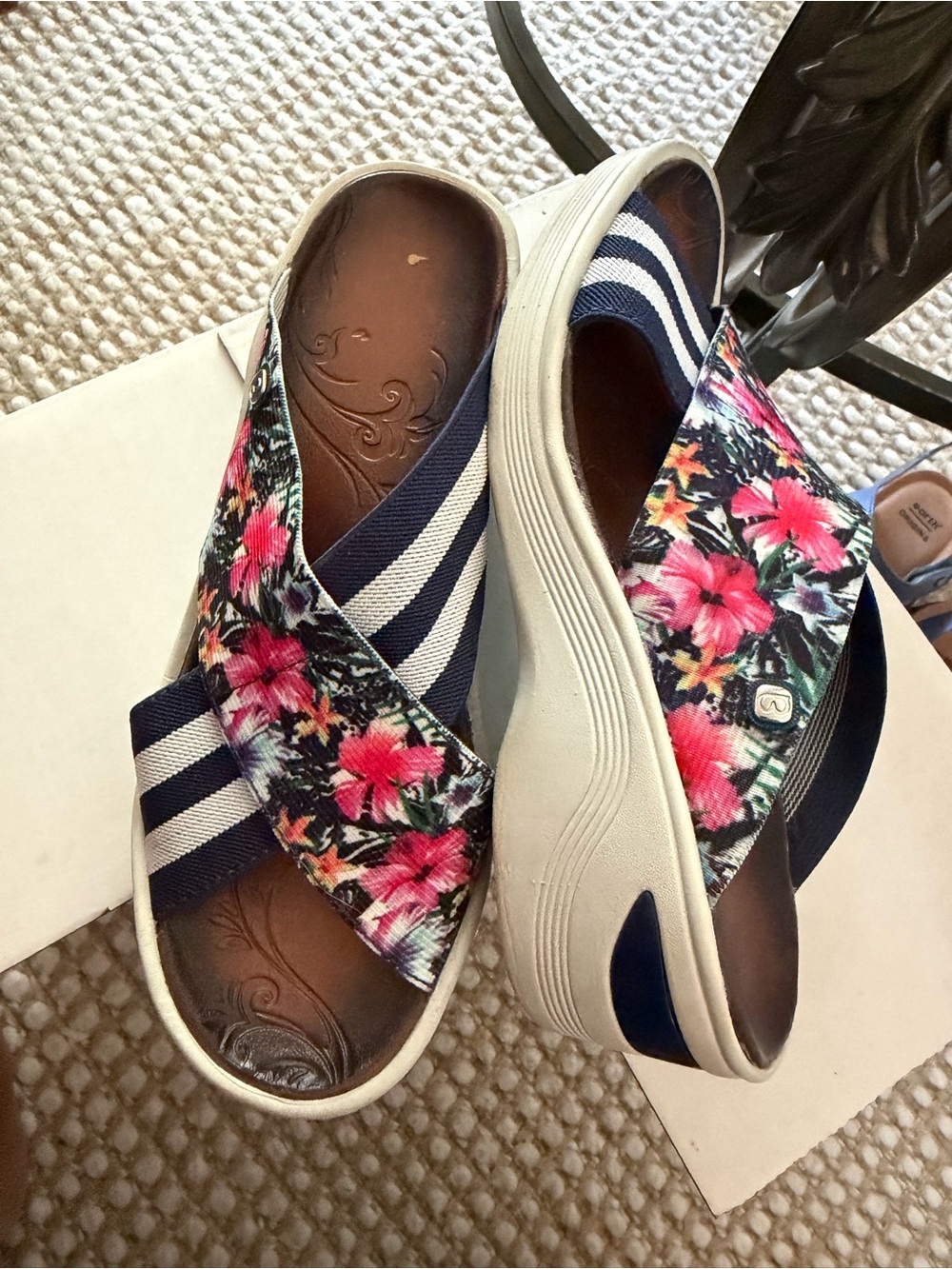 Bzees Navy and Pink Floral Cross-Strap Slide Sandals - Picture 2 of 7